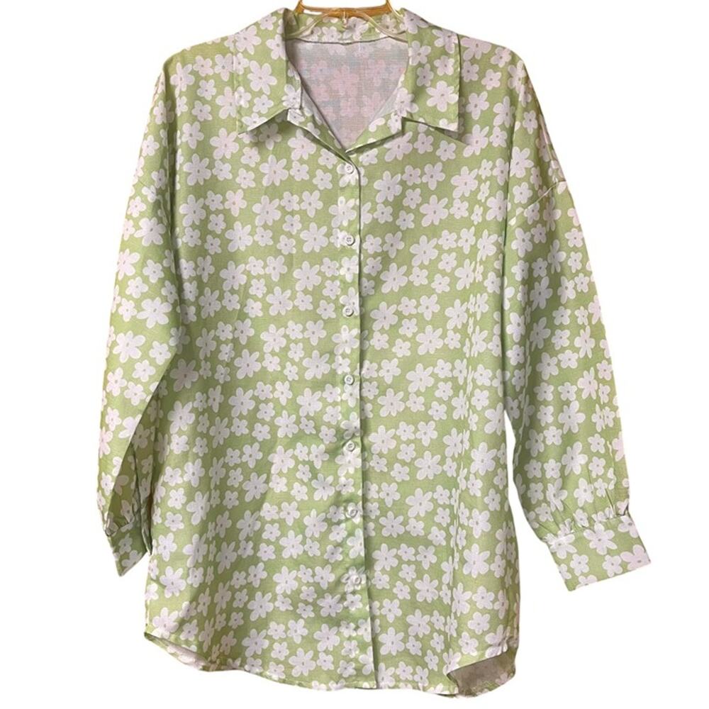 Oversized Green Floral Button-Up Blouse / Mini Dress